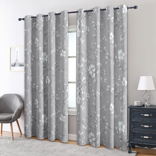 Grey Floral Blackout Curtains for Bedroom, 96 Inch 2 Panels, Flower