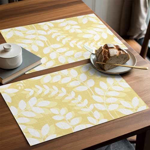 Placemats Set of 8, Pale Yellow Leaves Woven Placemat, Linen Place