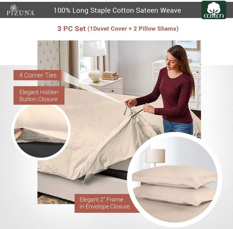Pizuna 100% Cotton King Duvet Cover Set 400 Thread Count Beige