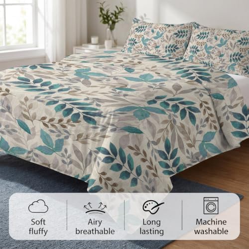 Teal Leaves Fall Duvet Cover Set 3 Pieces with Zipper Closure