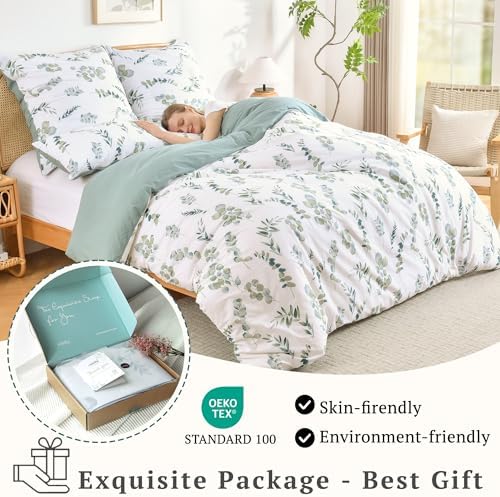 MILDLY Eucalyptus Leaves Floral Duvet Cover Set Unique Design 3pcs