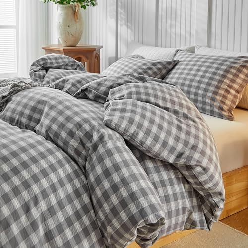 DuShow Washed Cotton Gingham Duvet Cover Queen Gray Plaid Checkered