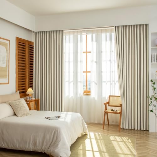 LETAU Long Linen Texture Beige Curtains 108 inches, 100% Blackout