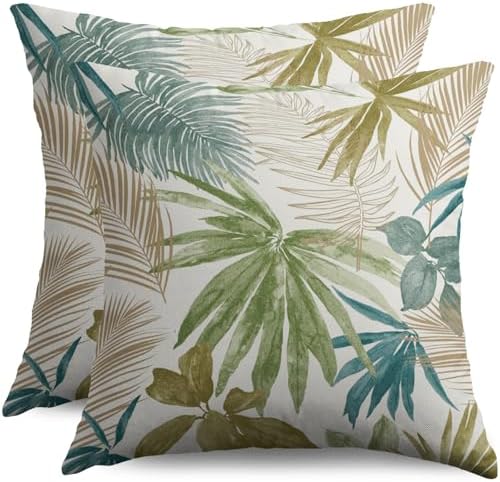 Tropical Pillow Covers 22X22 Set of 2, Green Blue Teal Brown Palm Leaf