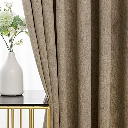 Epinki Living Room Curtains Set of 2, Linen Coffee Solid Color Grommet