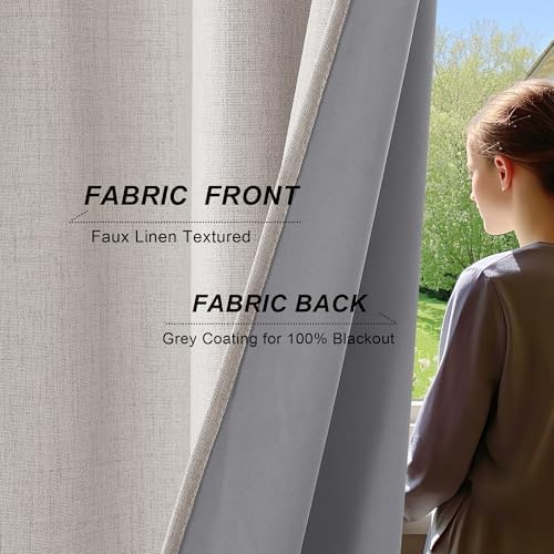 PONY DANCE Cream 100% Blackout Linen Curtains for Bedroom 84 Inches