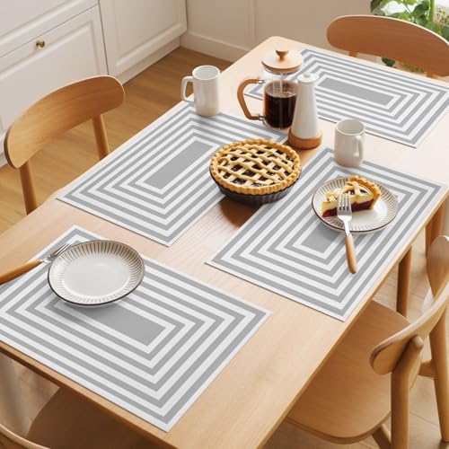 Grey Concentric Squares Placemats Set of 8, Modern Abstract Minimalist