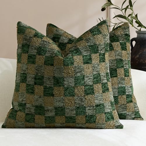 Set of 2 18x18 Inch Green Checkered Chenille Throw Pillow Covers, Boho