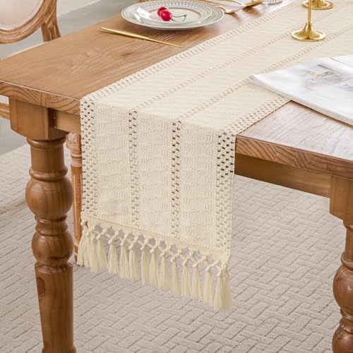 Ivory Farmhouse Boho Macrame Table Runner with Tassels 110 inches Long