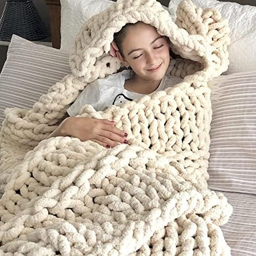 Large Chenille Throw Blanket Chunky Hand Knit Bed Throw 59x79 Beige