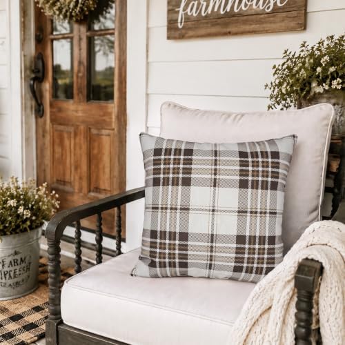 Pyonic Brown Plaid Outdoor Pillow Covers 18X18 Inch Waterproof Fall