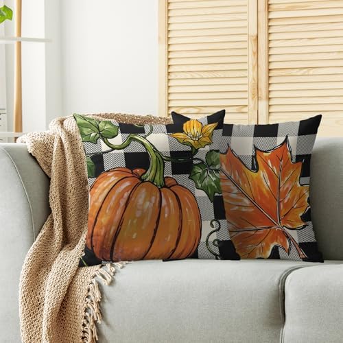 Fall Pillow Covers 22X22 Set of 2, Pumpkin Maple Leaf Burnt Orange