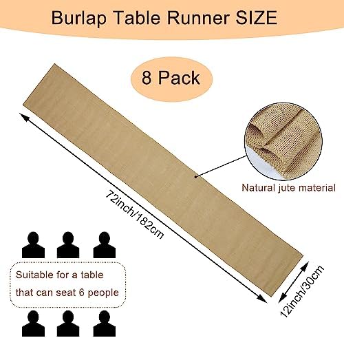 8 Pack Natural Burlap Table Runners,12 x 72 Inch Rustic Jute Table