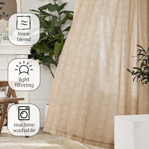 jinchan Boho Linen Curtains Light Filtering 96 Inch Back Tab 2 Panels