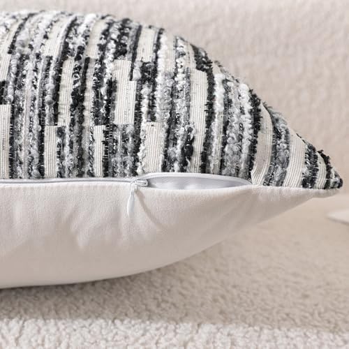Striped Throw Pillow Covers 18x18 Set of 2 Black Textured Boucle Chic
