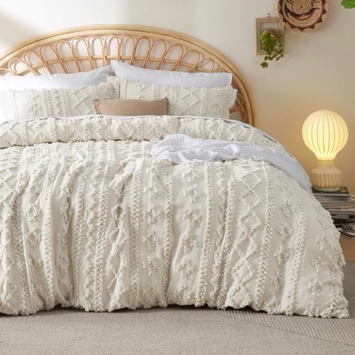Bedsure Boho Twin Duvet Cover, Tufted Embroidery, 2-Piece, Beige