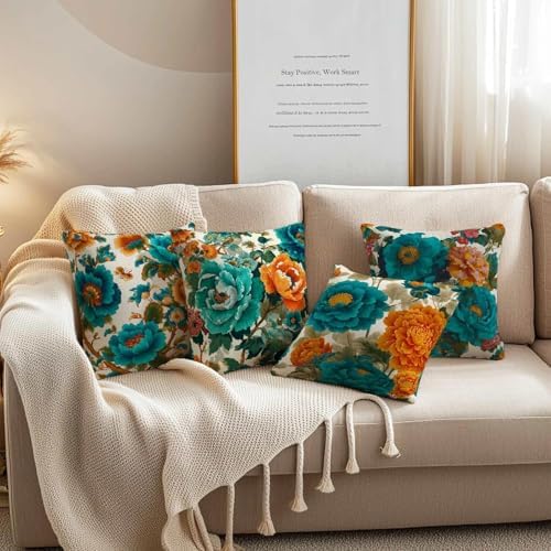Teal Orange Floral Throw Pillow Covers 18x18 Set of 4, Turquoise