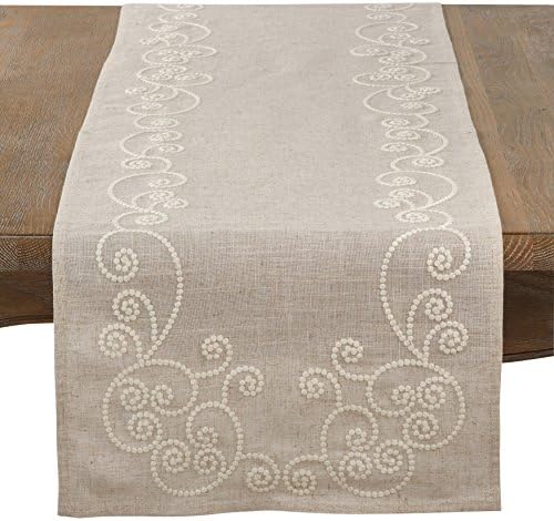 SARO LIFESTYLE Embroidered Scroll Table Runner - Linen Blend Table
