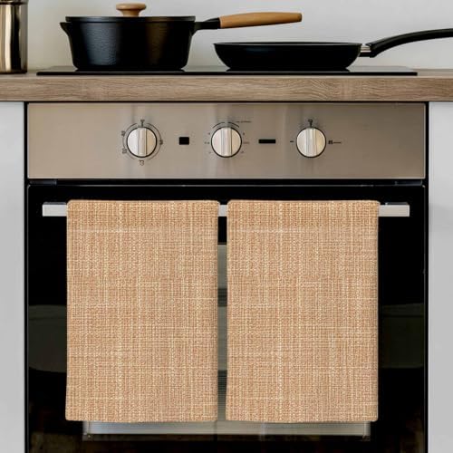 Tan Linen Kitchen Towels Set of 3, Rustic Boho Natural Sand Fiber