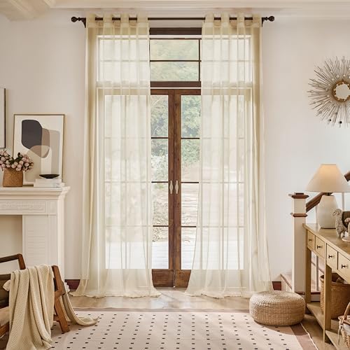 Foil Stripe Beige Sheer Curtains 120 inches Length 2 Panels with
