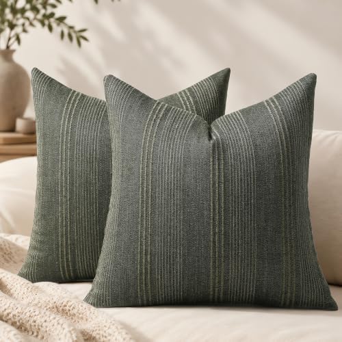 Hckot Decorative Striped Throw Pillow Covers 20x20 Set of 2 Olive