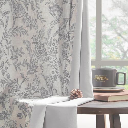 Lazzzy Grey Floral Linen Lined Curtains Rod Pocket 50W X 63L 2 Panels