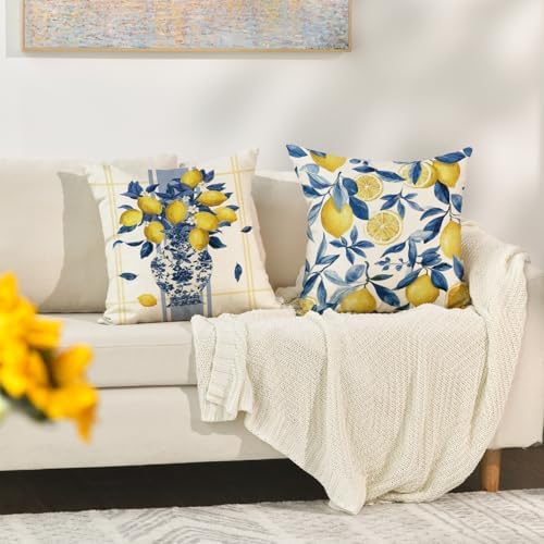 AVOIN colorlife Summer Lemon Leaves Plaid Throw Pillow Covers