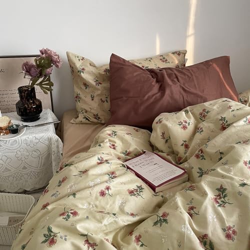 MKXI Yellowish Beige & Red Floral Duvet Cover Set Queen Size - 3 Piece