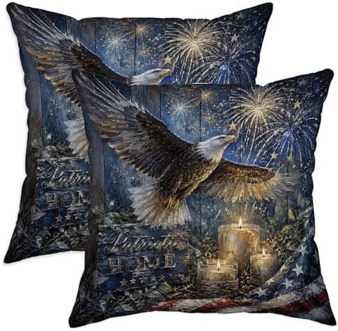 Eagle Throw Pillow Covers Set of 2, Patriotic Rustic Fireworks Candles