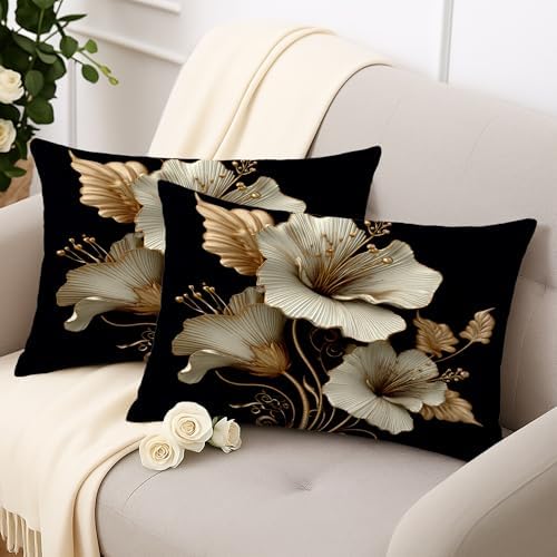 Elegant Floral Pillow Covers Set of 2, Cream and Gold Flower Design