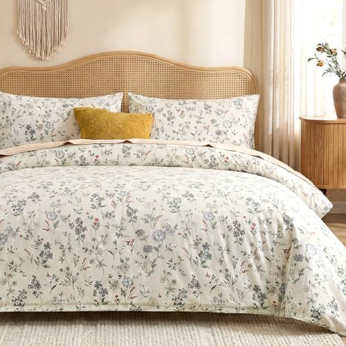 Floral Duvet Cover Set Queen Size 100% Cotton Green Floral Comforter
