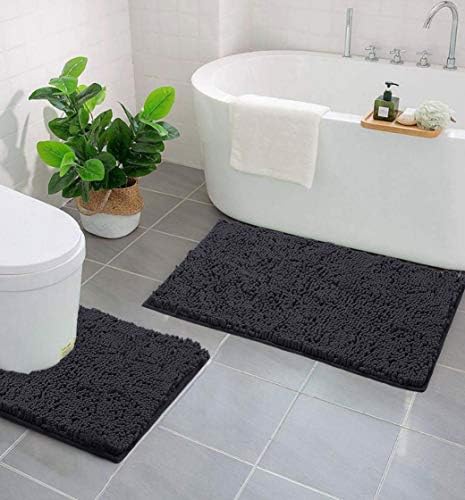 LuxUrux Charcoal Chic Bath Set: Plush Chenille Mat Set + Modern