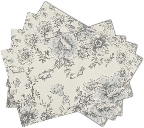 Grey Farmhouse Flowers Placemats Set of 4 Grey and Cream Floral Print