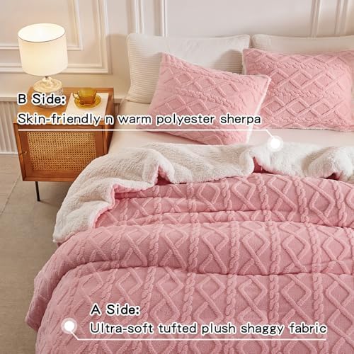 Joyreap 3-Piece Fluffy Faux Fur Sherpa Comforter Set Pink, Queen Size