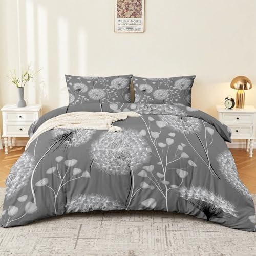 Breathable Grey Duvet Cover – Minimalist Plant-Based Dandelion 3-Piece