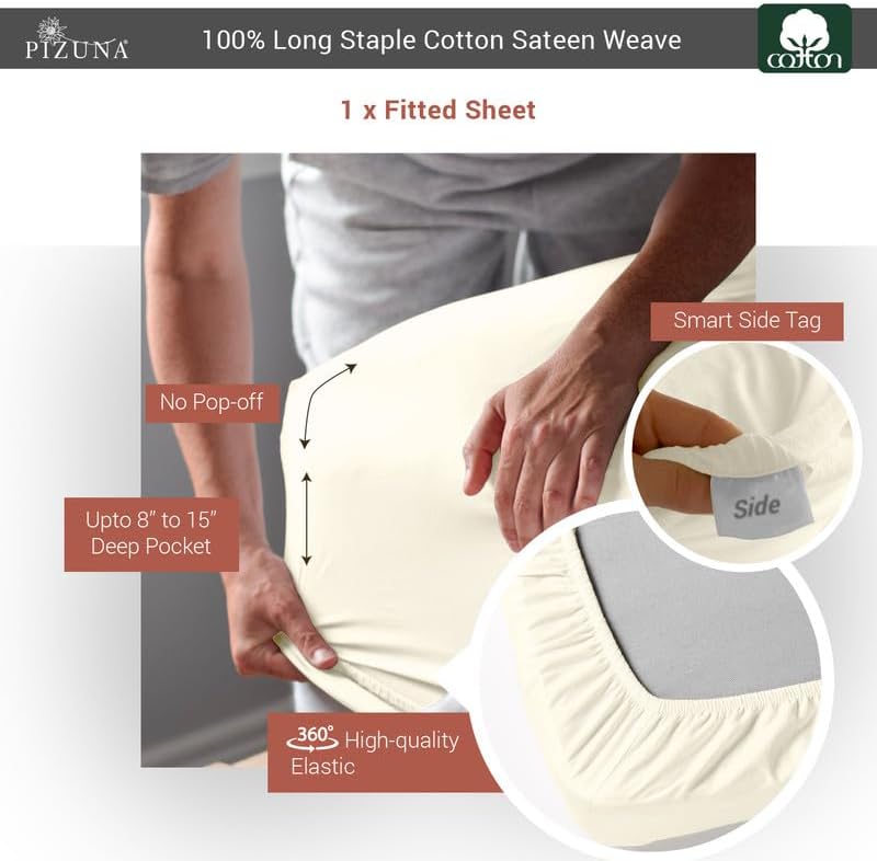 Pizuna Twin XL Cotton Fitted Sheet 400 Thread Count New Ivory