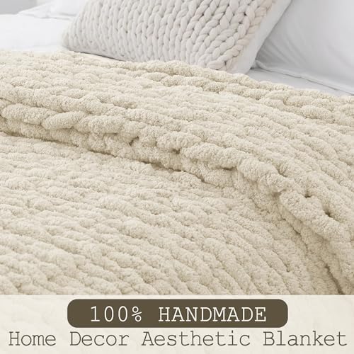 Chunky Knit Throw Blanket 50x60, 100% Handmade Chenille Yarn