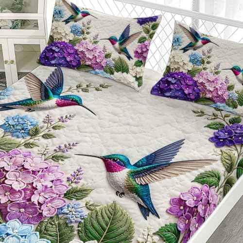 AILONEN Queen Fitted Sheet Set 3 Piece, Blue Blossom Hummingbird