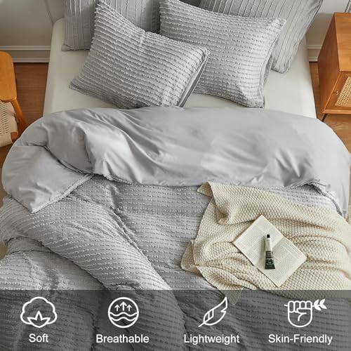 WARMDERN Grey Boho Duvet Cover Set Queen Size, Tuft Texture, 3-Piece