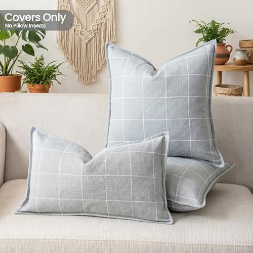 Grey Pillows Neutral Gray Plaid Linen Throw Pillow Covers 18x18 Set of