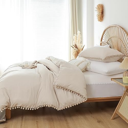 YIRDDEO Queen Comforter Set, Beige Ball Pom Fringe Bedding Set