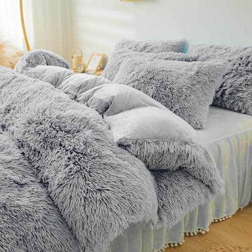 Fluffy Grey Faux Fur Comforter Cover Set Twin,Fluffy Fuzzy Plush Grey