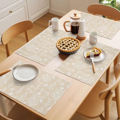 Placemats Set of 8, Cream Botanical Woven Placemat, Linen Place Mats