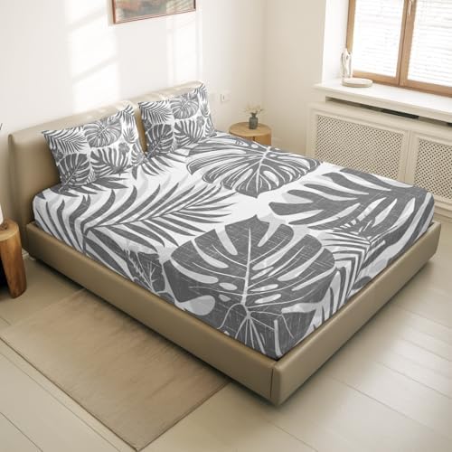 Twin XL Sheet Set Grey Palm Leaves Bed Sheets Set with 16 Inch Deep