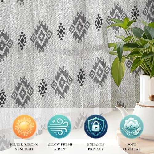 Grey Boho Sheer Curtains 63 Inch Length 2 Panels Set Western Ethnic