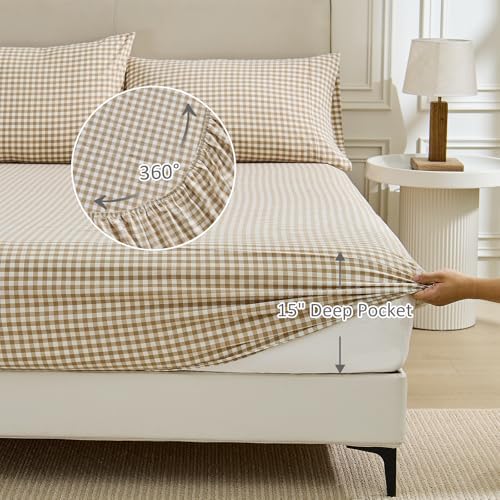 PURE ERA Tan Gingham Sheets Set 100% Washed Cotton Linen Like Full