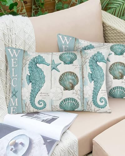 Outdoor Pillow Covers with Inserts,Teal Seahorse Waterproof Decorative