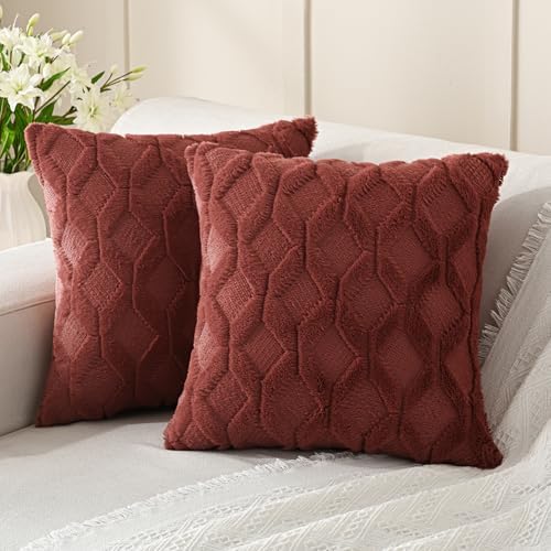 Volcanics Pack of 2 Faux Wool Rust Red Throw Pillow Covers 18x18 Inch