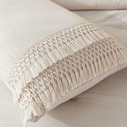 Beige Pillowcases, Macrame Tassel Pillow Cases Set of 2, 100% Washed