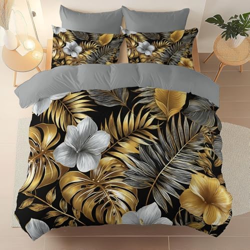 King Duvet Cover Set, Modern Flowers Leaves Elegant Reversible Design